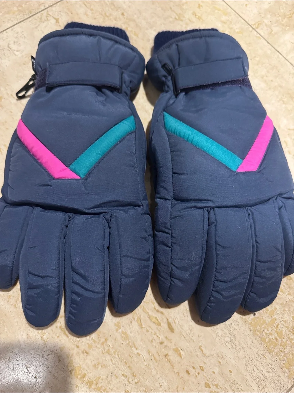 Womens Navy Winter Gloves with Pink & Teal Accents